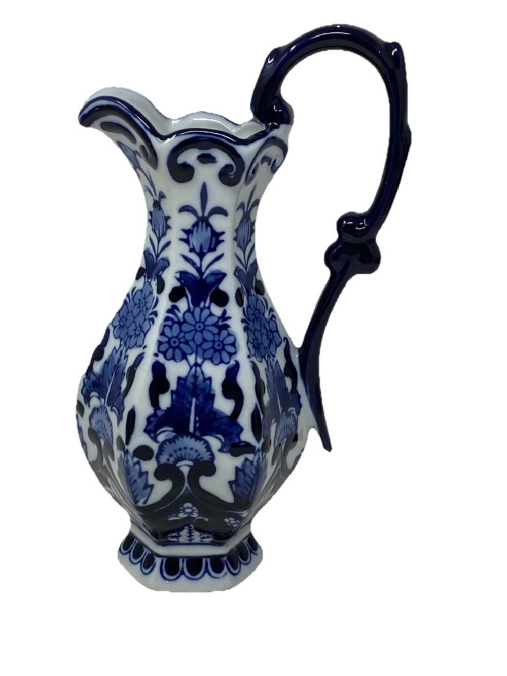 Vtg Seymour Mann Blue & White Porcelain Pitcher Vase Chinoiserie Hexagonal 8.5”